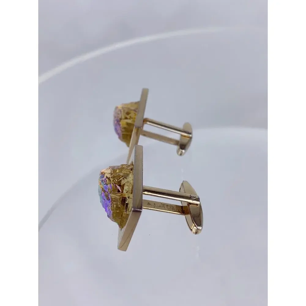 Dichroic Art Glass Nugget Gold Tone Cufflinks Molded Foster Iridescent Vintage